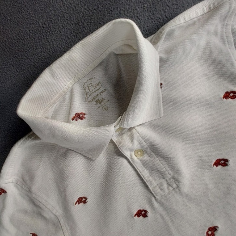 J.Crew G5210 Lobster Embroidered Polo Shirt Mens Small White Nautical Cotton